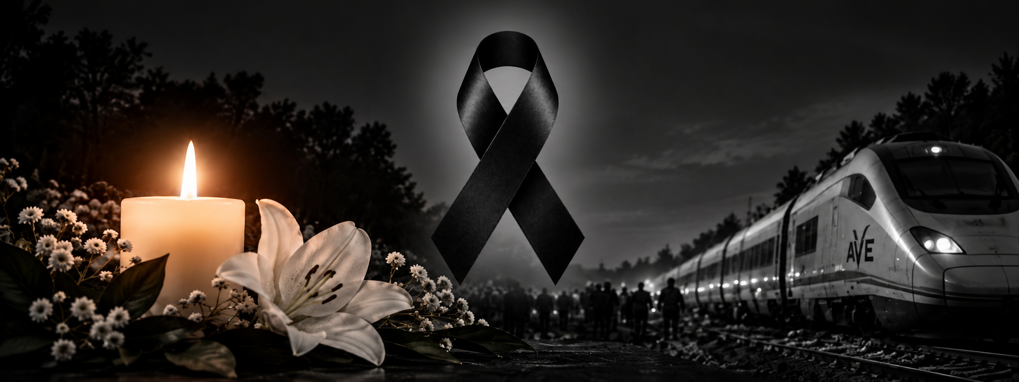 Homenaje con lazo negro, vela, flores blancas y tren AVE